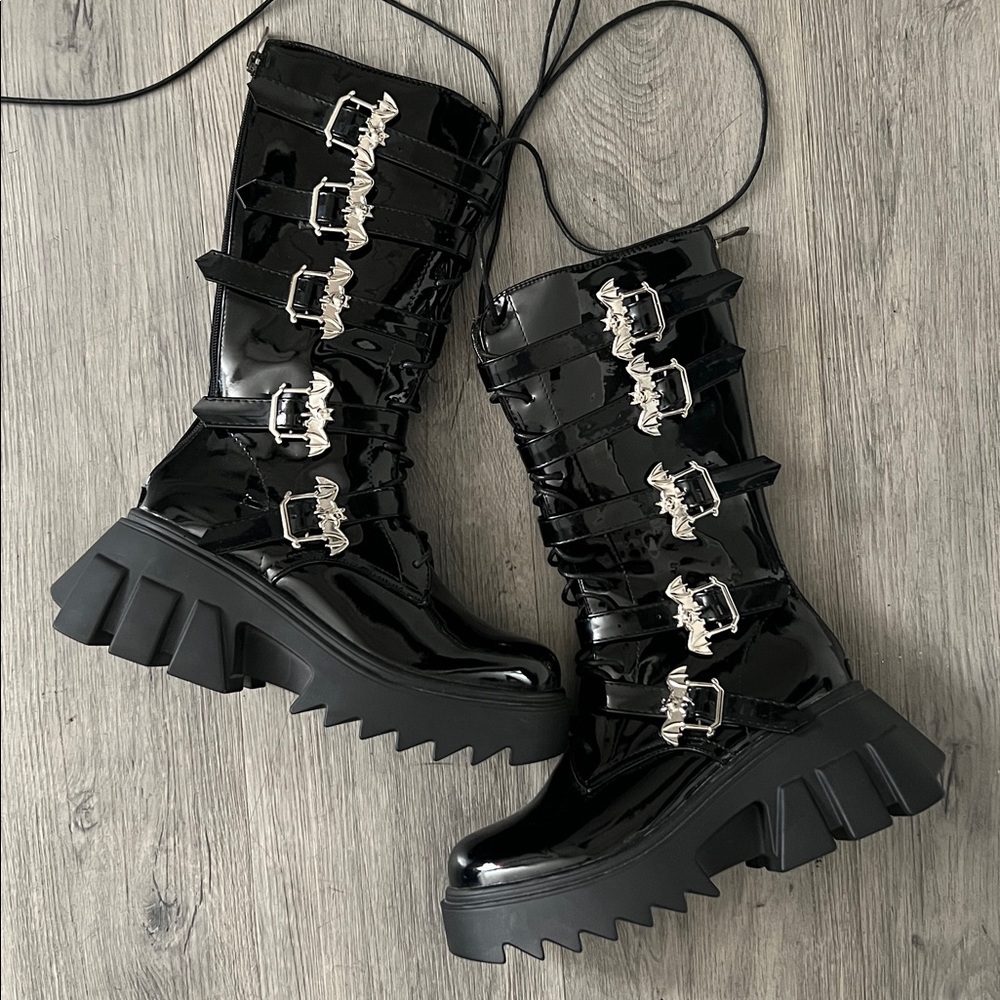 Black Patent Leather Platform Boots with Bat Buckles
